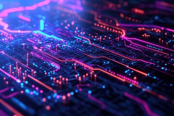 Fototapeta premium A vibrant digital circuit board with glowing lines and nodes, showcasing a modern, high-tech aesthetic.