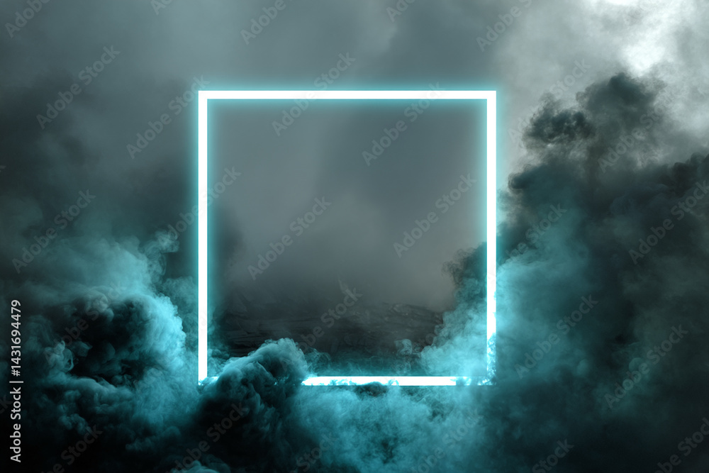 Poster Neon square frame amidst teal smoke, creating a mysterious and atmospheric scene, ideal for showcasing product or text mockups