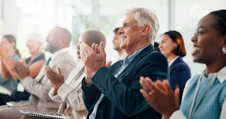 Conference, applause and business people with support, seminar and feedback with awards. Audience,...
