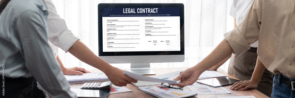 Poster digital legal contract provide terms and conditions document on computer screen ready for online dig