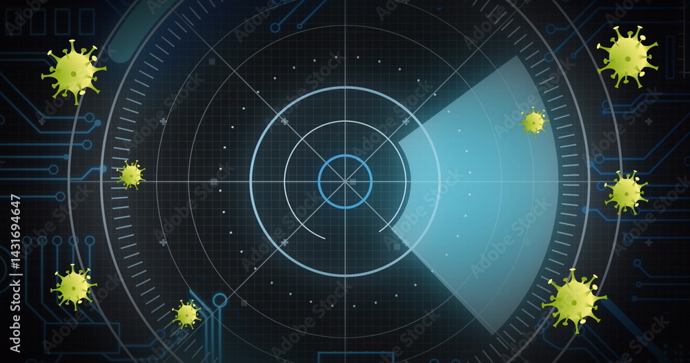 Poster image of covid 19 cells and scope with computer circuit board and data processing