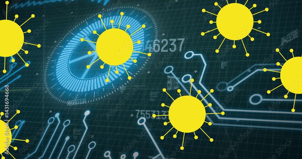 Poster image of covid 19 cells and scope with computer circuit board and data processing