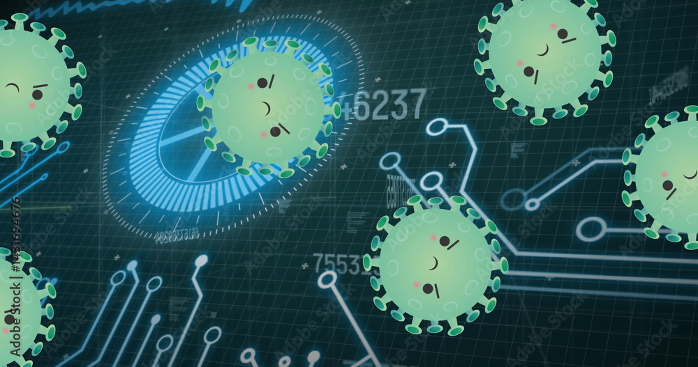 Poster image of covid 19 cells and scope with computer circuit board and data processing