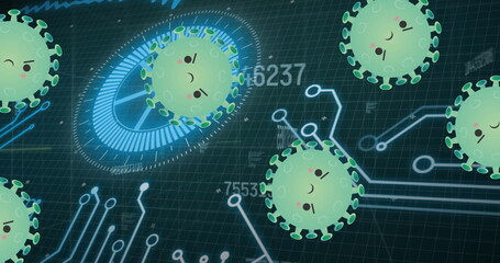 Image of covid 19 cells and scope with computer circuit board and data processing