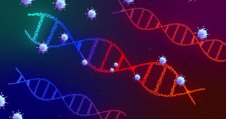 Image of covid 19 cells moving and dna strands spinning
