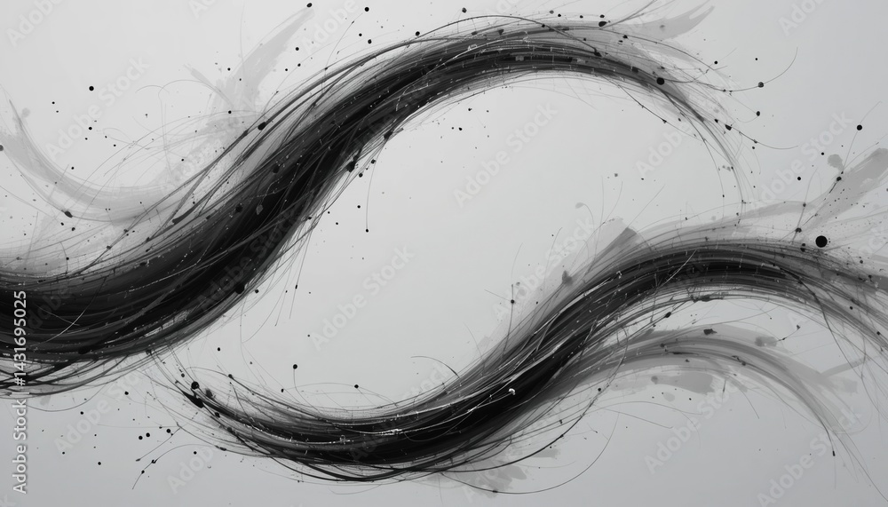 Poster dynamic flowing abstract black and white design digital art modern aesthetic smooth curves and textu