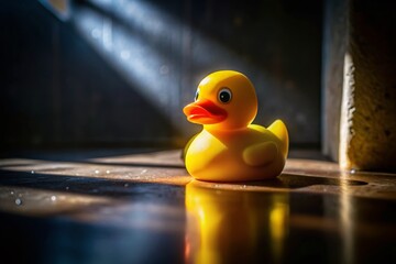 Low Light Photography: Yellow Rubber Duck in Dark Bath, Dramatic Lighting, Moody Atmosphere, Close-up