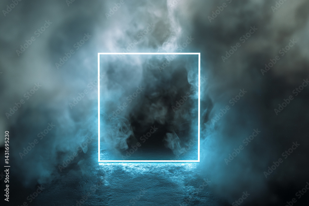 Poster glowing neon square frame amidst blue smoke, creating a mysterious and atmospheric scene, ideal for 