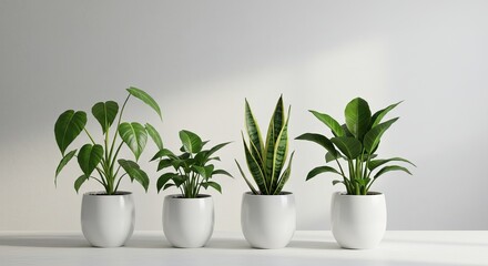 Fototapeta premium Indoor plant arrangement featuring monstera and snake plants in white pots for modern interior design