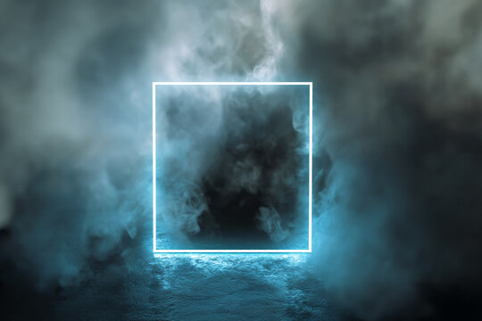 Glowing neon square frame amidst blue smoke, creating a mysterious and atmospheric scene, ideal for a dark, moody design or abstract background