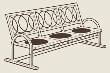 20 Minimalist bench design, circular brown cushions, geometric arrangement, modern furniture, sleek metal frame, repetitive pattern, monochromatic color scheme, sculptural seating, balanced compositio