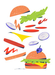 Vector illustration of funny burger ingredients with each part separated. Ideal for fast food, recipe visuals, and educational food infographics