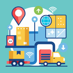 Fototapeta premium Modern Logistics And Delivery Illustration Featuring Truck Location Pin And Global Connectivity