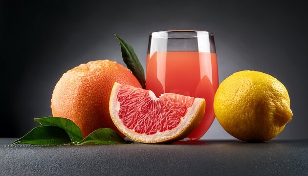 fresh juicy fruits grapefruit and lemon on a dark gray background citrus juices