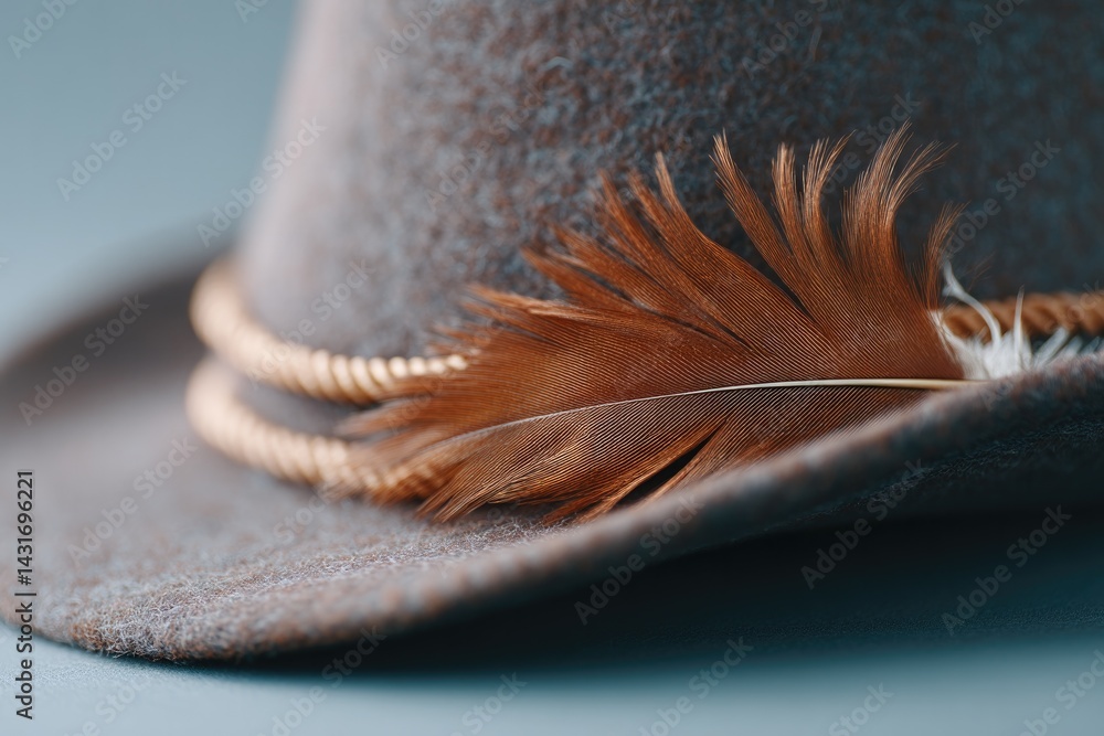 Poster pirate hat adorned with single feather in minimalistic setting rests on plain surface
