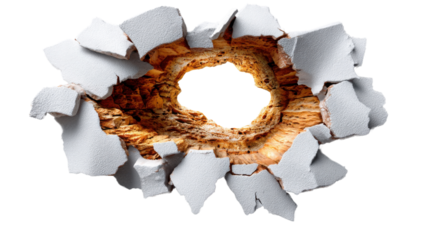 Shattered Breakthrough: A dramatic image of a wall or surface seemingly pierced with force, revealing the contrasting textures beneath and implying a moment of impact, rupture and new perspectives.