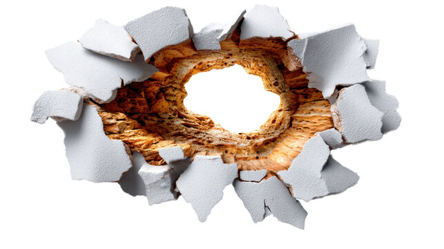 Shattered Breakthrough: A dramatic image of a wall or surface seemingly pierced with force, revealing the contrasting textures beneath and implying a moment of impact, rupture and new perspectives.