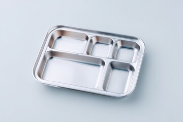 plain metal tray with compartmentalized sections filled with typical prison food under neutral lighting to maintain