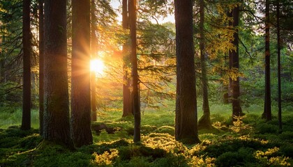 peaceful forest scene with dense trees and warm glow of setting sun casting light through foliage in natural landscape forest at sunset with sunlight filtering through trees