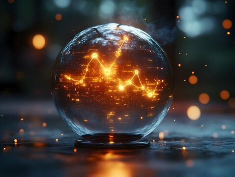 Glowing graph inside a crystal ball on dark background
