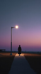 Obraz premium A solitary figure in a dark coat walks along a path illuminated by a glowing street lamp against a soft gradient of purple and blue in the twilight sky near the sea.
