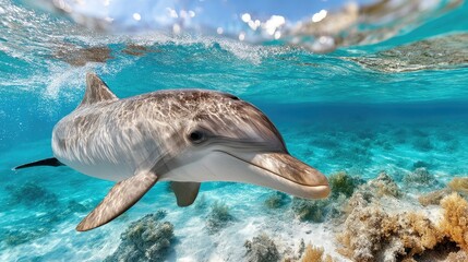 Obraz premium A cheerful dolphin joyfully interacts with its surroundings while playfully swimming beneath the crystal-clear blue waters of the ocean