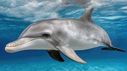 Fototapeta premium Cute smiling dolphin swims playfully in the clear blue sea water, engaging the viewer with a friendly gaze and open mouth, captured with stunning detail