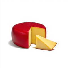 Cheese wheel with slice cut out isolated on white background