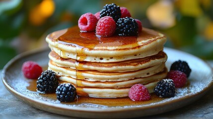 Stacked pancakes topped with berries and syrup