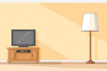 A flat cartoon illustration of a living room interior with a television on a cabinet and a lamp