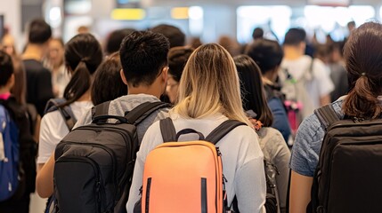 group of travelers waiting with documents, casual clothes, backpacks, natural expressions, candid moment at immigration casual travelers waiting immigration candid passport border line diversity 