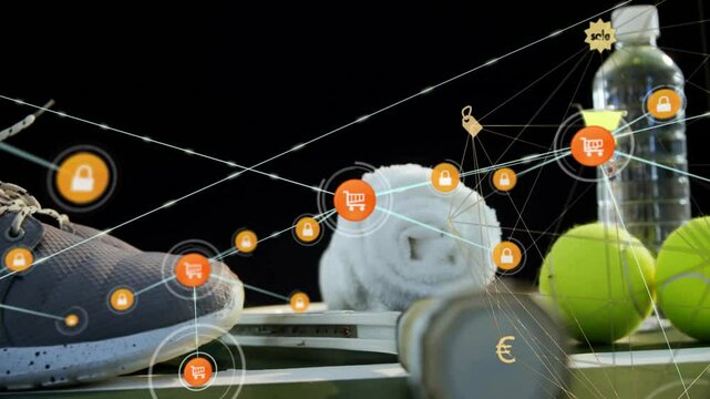 Network overlay animating tennis racket scene, showing shoe, towel, balls, bottle in flat design