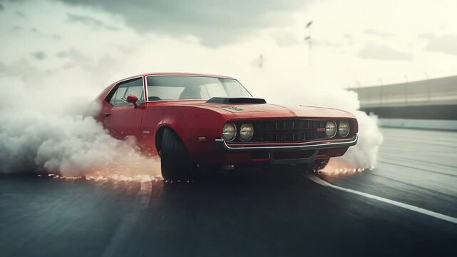 Red Classic Muscle Car Burning Rubber on a Track