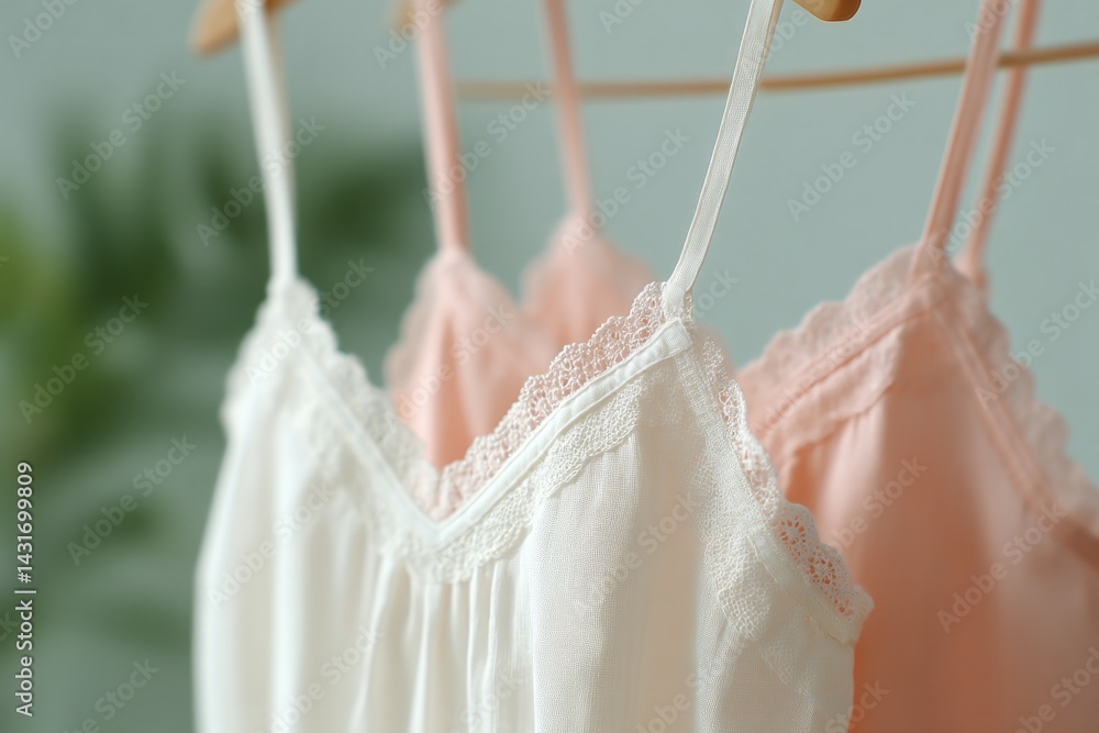 Poster selection of neatly arranged minimalist lingerie pieces displayed on serene backdrop with ample copy
