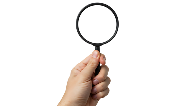 A hand holding a magnifying glass isolated against a black background for clarity and detail.