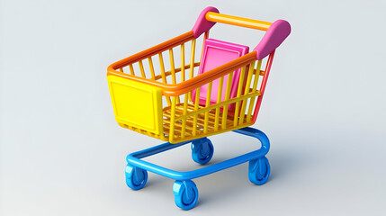 Brightly Colored 3D Render of an Empty Shopping Cart on a White Background Featuring Yellow Blue and Pink Plastic Components