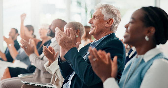 Conference, applause and business people with cheering, seminar or feedback with support. Audience, crowd or group with clapping, profit growth or smile with thank you, kpi target or event for awards