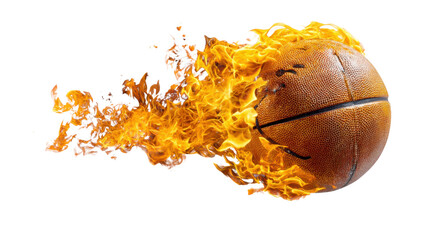 Isolated on white, a red and brown sport ball bursts with sweet fire,