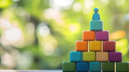 Colorful wooden blocks stacked in a pyramid with figurines on a blurred green background.
