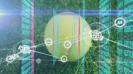 Floating holographic panels circling tennis ball on grass court projecting network lines and charts - Powered by Adobe