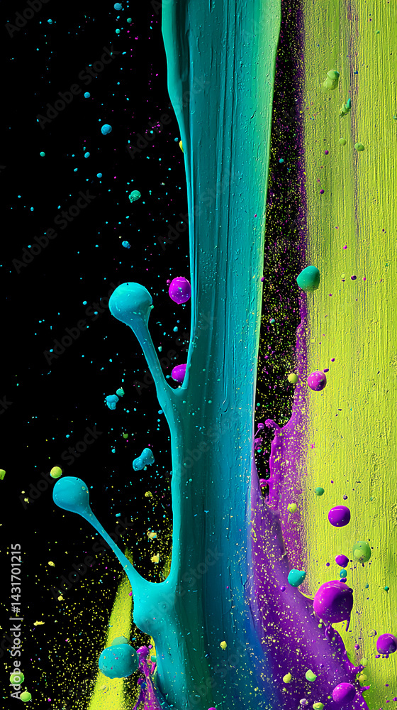 Poster vibrant teal, purple, and lime green paint splash, creating dynamic texture and abstract forms again