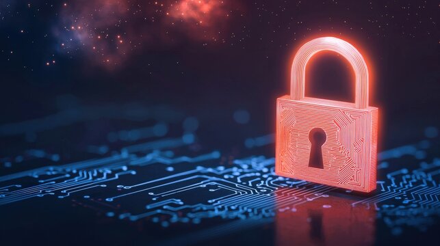 A glowing digital padlock stands out against a circuit board background, symbolizing cybersecurity and data protection in a futuristic setting.