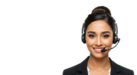 A professional customer service representative smiles wearing a headset on a dark background.