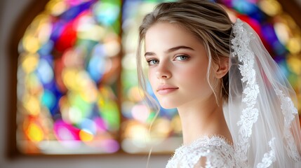 Fototapeta premium Young woman in white dress and veil