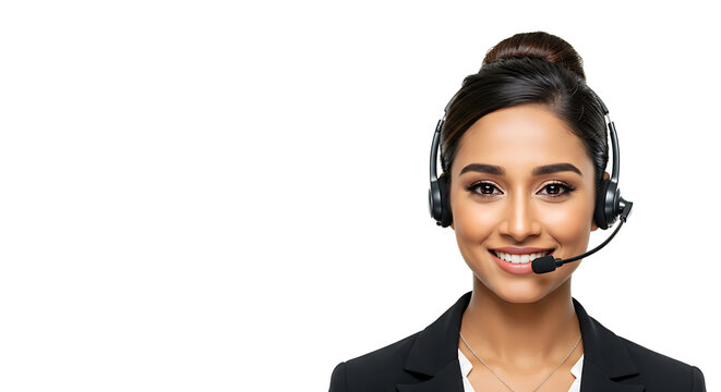 A professional customer service representative smiles wearing a headset on a dark background.