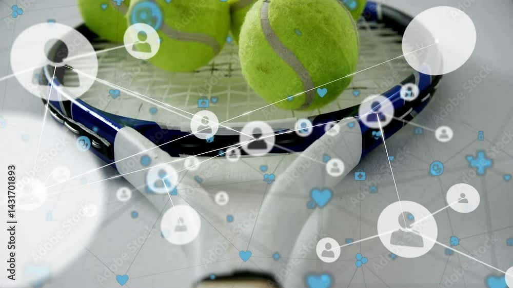Poster Cluster of green tennis balls floating on racket strings, showcasing digital network icons overlay