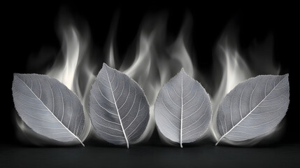 Four delicate leaf skeletons appear to be engulfed in ethereal grey flames against a stark black background