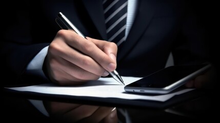A businessman using a pen to mark a project approval on a digital checklist, representing quality assurance in business processes
