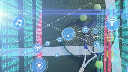Tennis rackets getting digital overlay on green court, showing data streams and network icons - Powered by Adobe