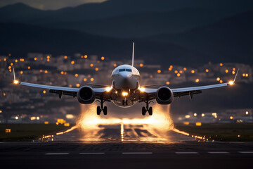 Airplane landing at night
